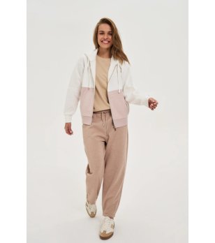 Дамски суитшърт в екрю и бежово с цип и качулка снимка