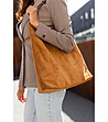 Дамска велурена чанта с несесер в цвят камел Meri-4 снимка