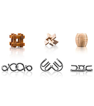 Комплект дървени и метални пъзели-главоблъсканици 6 броя снимка