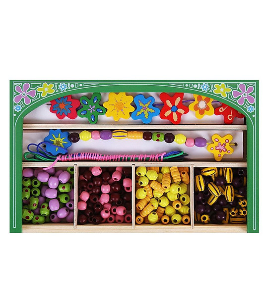 Мъниста в дървена кутия Цветя снимка