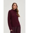Дамски пуловер с плетеници в бургунд-2 снимка