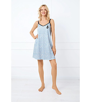 Памучна нощница в синьо на райе с тънки презрамки Flota снимка