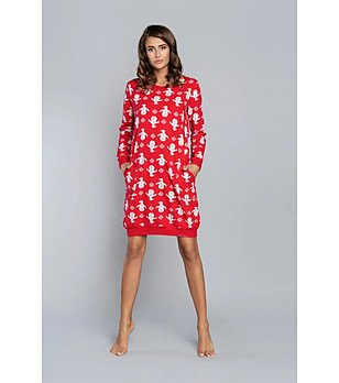 Червена памучна нощница с принт пингвини Nana снимка