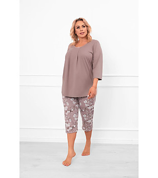 Дамска памучна пижама Oszima в цвят капучино с флорален принт снимка