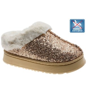 Дамски бронзови пантофи с пухен кант и пайети снимка