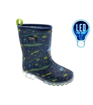 Сини детски гумени ботуши с космически принт и светеща LED подметка снимка