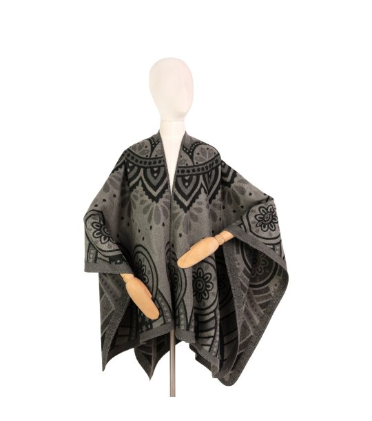 Пончо с пейсли мотив в черно, сиво и светлосиво P снимка