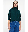 Тъмнозелен пуловер с поло яка и плитка-3 снимка