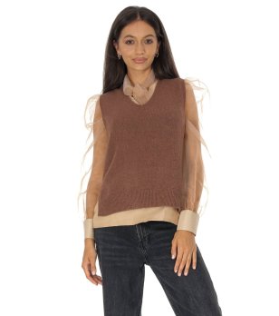 Дамски плетен пуловер в кафяво снимка