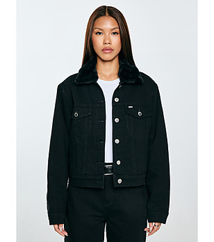 Дамско черно дънково яке RAMONA с подвижна пухкава яка снимка