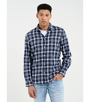 Мъжка карирана памучна риза ZERWIN в тъмносиньо снимка