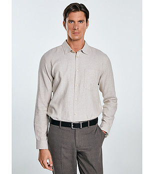 Бежова памучна мъжка риза с дълъг ръкав GREST снимка