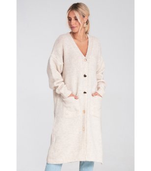 Дълга дамска жилетка в бежово с джобове снимка