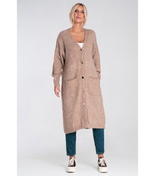 Дълга дамска жилетка в кафяв нюанс с джобове снимка