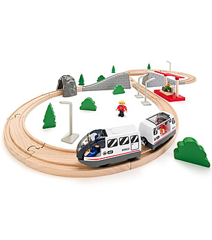 Дървено влакче с релси и локомотив с батерия 45 части снимка