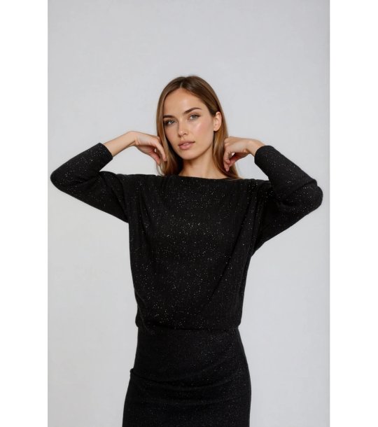 Дамска черна блуза с дълъг ръкав и ламе снимка