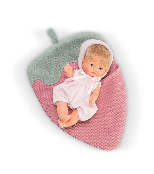 Кукла-бебе Чикита с розов гащеризон в чувалче ягодка 20 см снимка