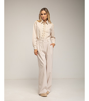 Дамски памучен широк панталон в екрю снимка