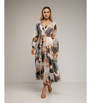 Миди рокля от тюл в бежово и сиво снимка