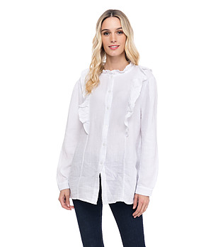 Бяла памучна дамска риза с къдрички снимка