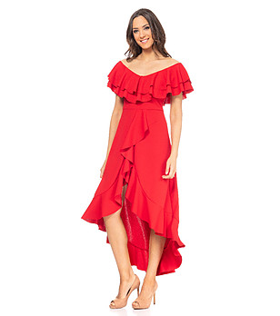 Асиметрична червена рокля с волани  снимка