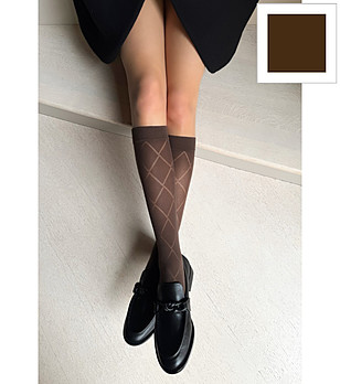 Дамски чорапи до коляното в цвят капучино с ромбовиден десен CARO снимка