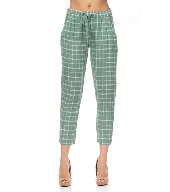 Зелен кариран дамски панталон  с лен снимка