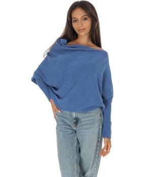 Син асиметричен дамски пуловер  снимка