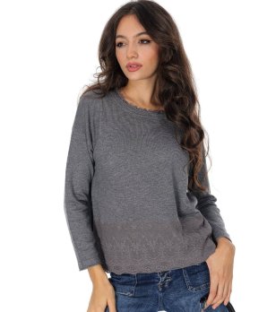 Дамски тъмносив сив пуловер с дантела  снимка