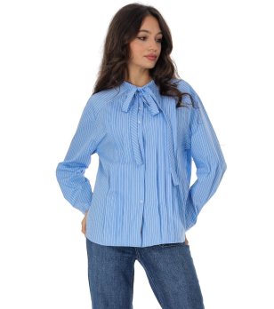 Синя раирана дамска риза с панделка  снимка