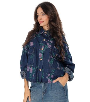 Дънково памучно яке в синьо с флорална бродерия  снимка