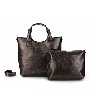 Дамска чанта в сив металик с несесер снимка