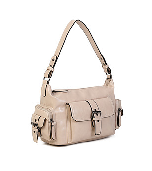 Дамска чанта в цвят крем с много джобове снимка