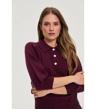 Дамски бордо пуловер с яка и копчета снимка