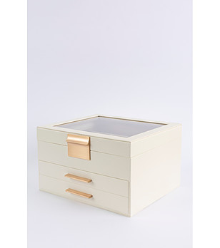 Кутия за бижута в бяло с 3 нива и огледало снимка