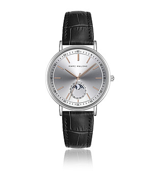 Мъжки сребрист кварцов часовник с черна кожена каишка снимка