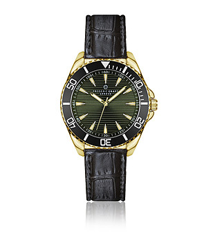 Мъжки златист часовник с черна кожена каишка снимка