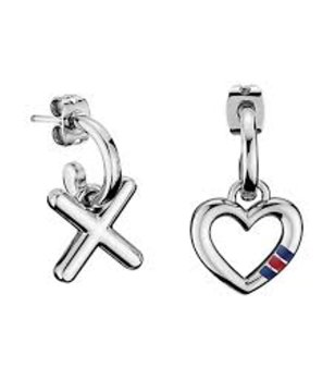 Сребристи обеци с висулки кръст и сърце снимка
