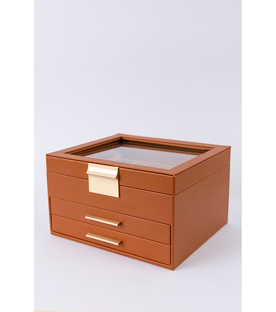 Кафява кутия за бижута от еко кожа с огледало снимка