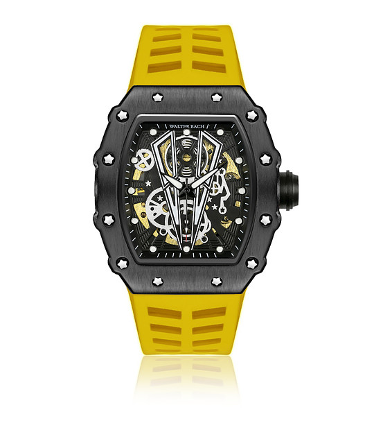 Мъжки черен автоматичен часовник с жълта силиконова каишка Walter Bach снимка