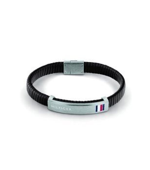 Мъжка черна кожена гривна TOMMY HILFIGER с метална пластина снимка