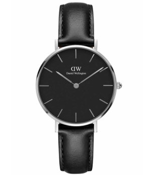 Unisex сребрист часовник с черна кожена каишка снимка