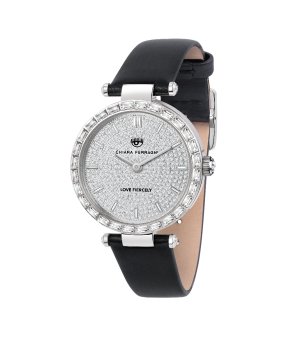 Дамски сребрист часовник с черна кожена каишка снимка