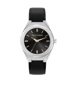 Мъжки черен часовник с кожена каишка снимка