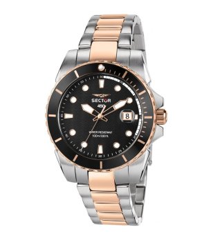 Мъжки часовник в сребристо и розово злато с черен циферблат снимка