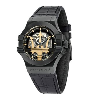 Мъжки черен автоматичен часовник с кожена каишка снимка