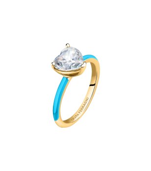 Дамски златист пръстен с бяла сърцевиден цирконий размери 18 снимка