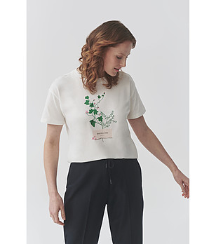 Дамска памучна тениска в екрю с принт MALATI снимка