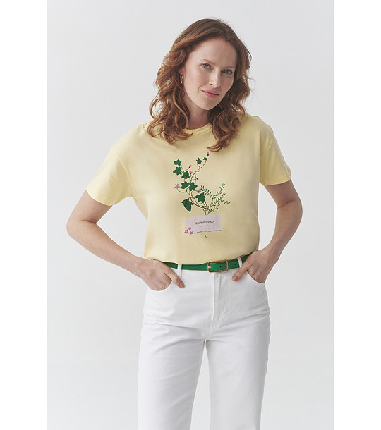 Жълта дамска памучна тениска с флорален принт MALATI снимка