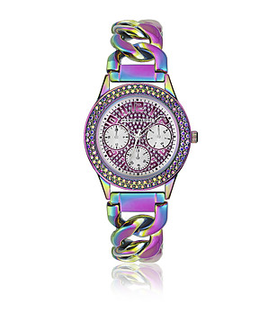 Дамски часовник в райнбоу цвят с розов циферблат и кристали снимка